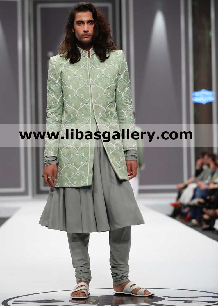 Light green embroidered groom sherwani with anarkali style kurta