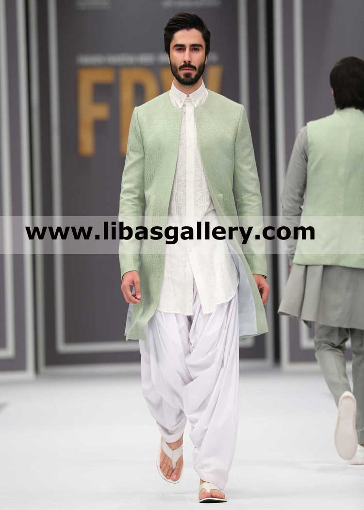 Buttonless Collarless Green Gents Sherwani Suit with Embroidered Kurta