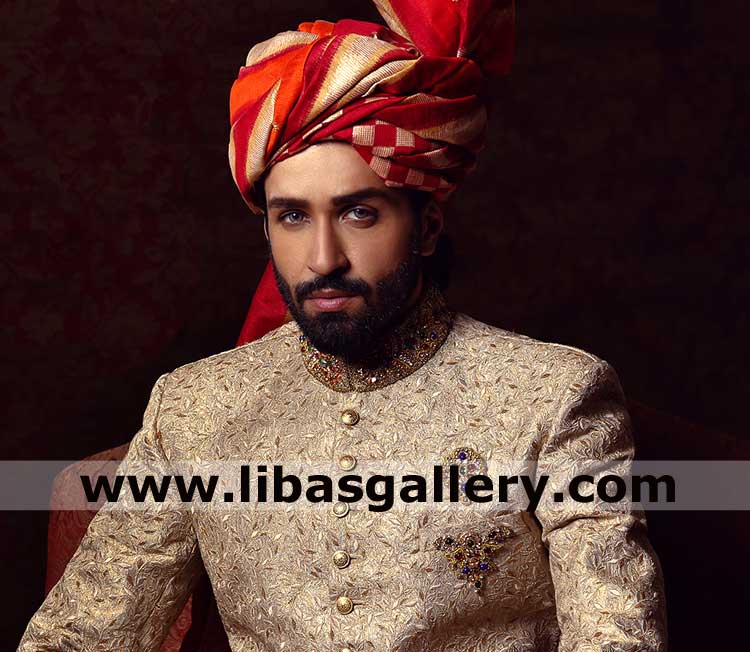 royal type full embroidered heavy stitched groom sherwani with hand embellishment on collar and brooch on pocket uk usa canada