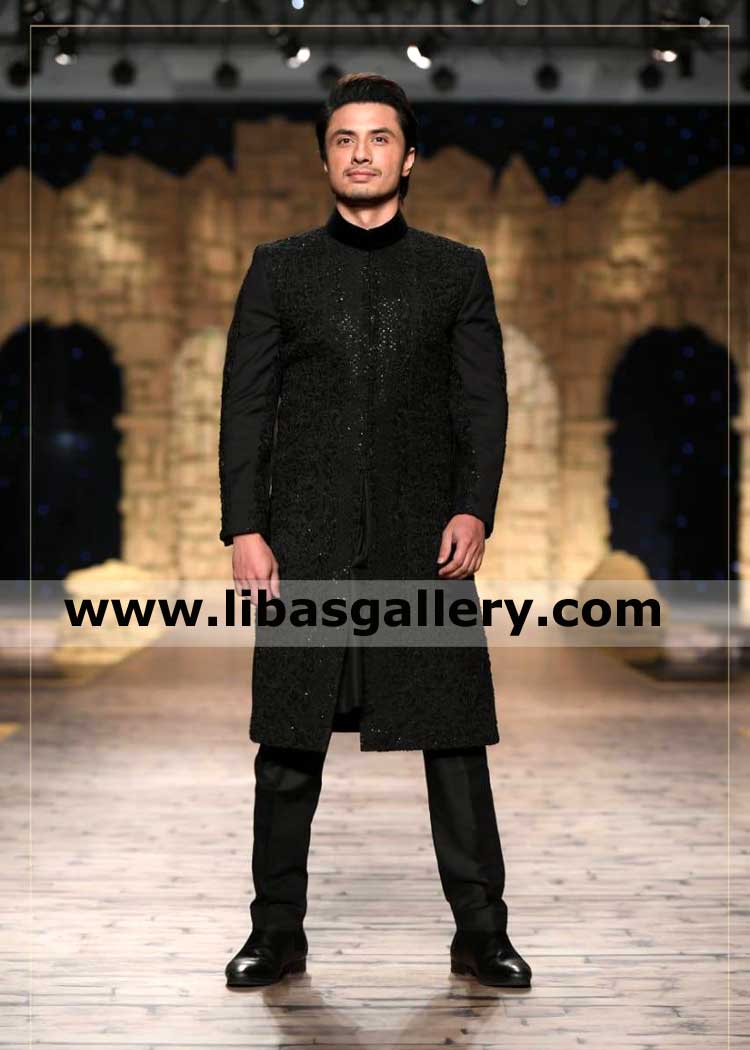 Embroidered Black Sherwani Celebrity Style for Groom