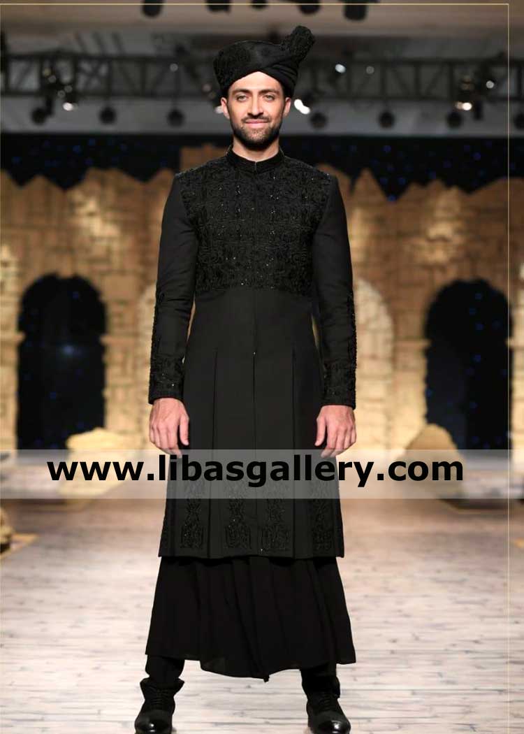 new style pleated black embellished groom sherwani design