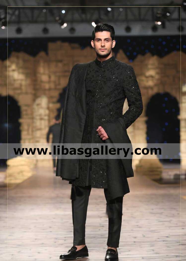 Embroidered Black Achkan for gallant young Groom nikah