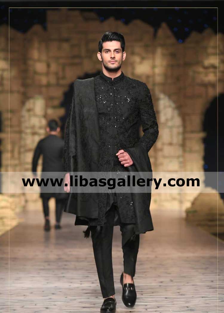 Embroidered Black Achkan for gallant young Groom nikah