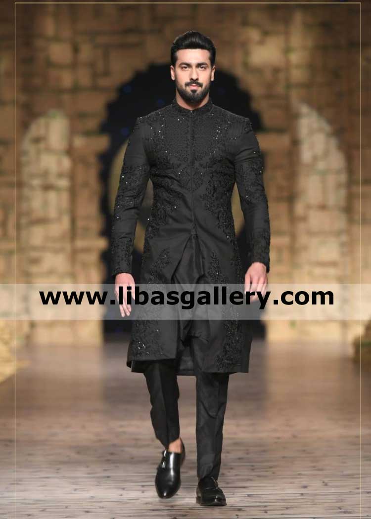 Rich Quality slim fit hand embellished black groom nikah barat sherwani design kora dabka cut dana sequins thread kuwait france germany