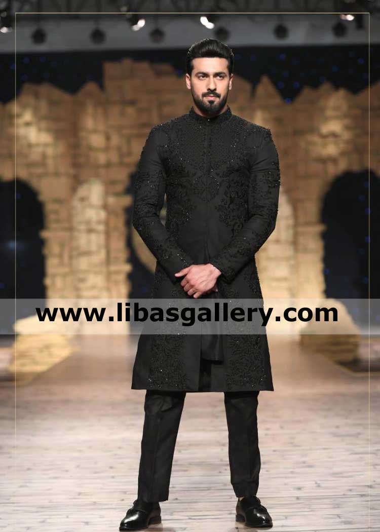 Black Suiting Fabrics Sherwani Hand Embellished for Groom