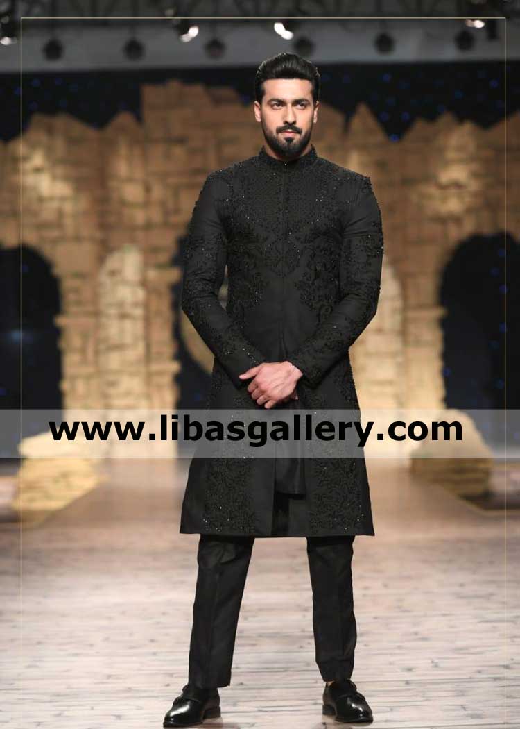 Rich Quality Slim Fit Hand Embellished Black Groom Nikah Barat Sherwani Design Kora Dabka Cut 