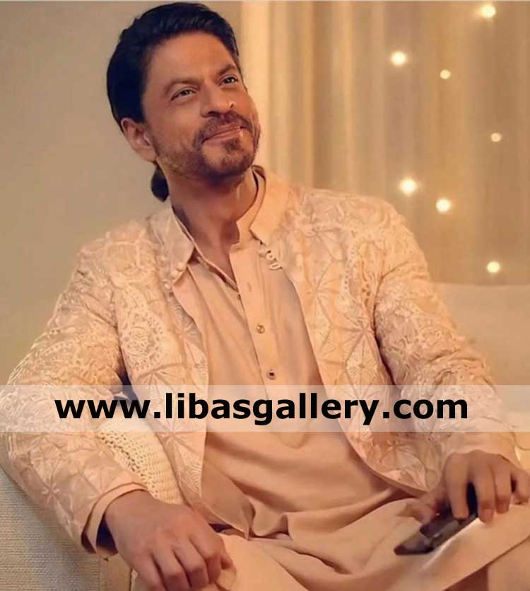 shahrukh khan actor wearing faraz manan cadbury diwali ad floral buttonless embroidered jacket with kurta pajama uk usa canada