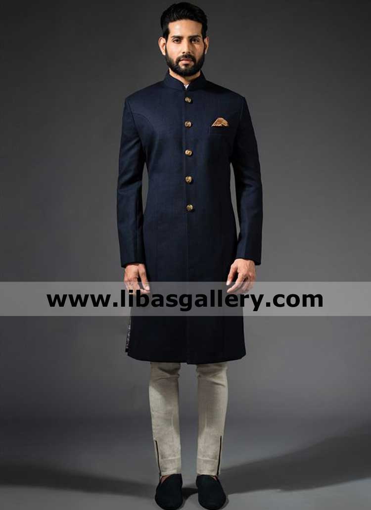 Beautiful Plain Traditional Navy Blue Sherwani suit for man