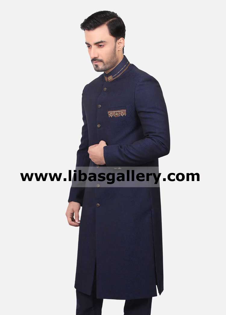 Navy blue wedding and occasion gents sherwani design in self jamawar and suiting fabric custom made dubai saudi arabia qatar