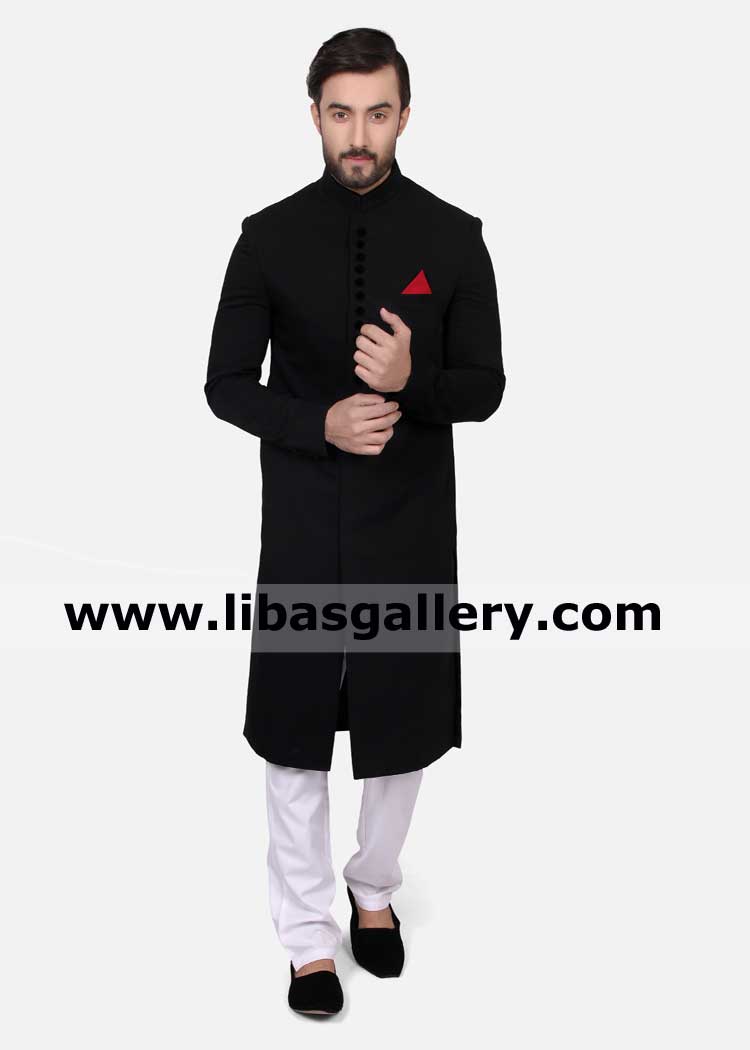 jet black suiting fabric man sherwani suit stylish self texture on fabric superb quality perfect stitching fitting world famous pakistani sherwani uk usa canada