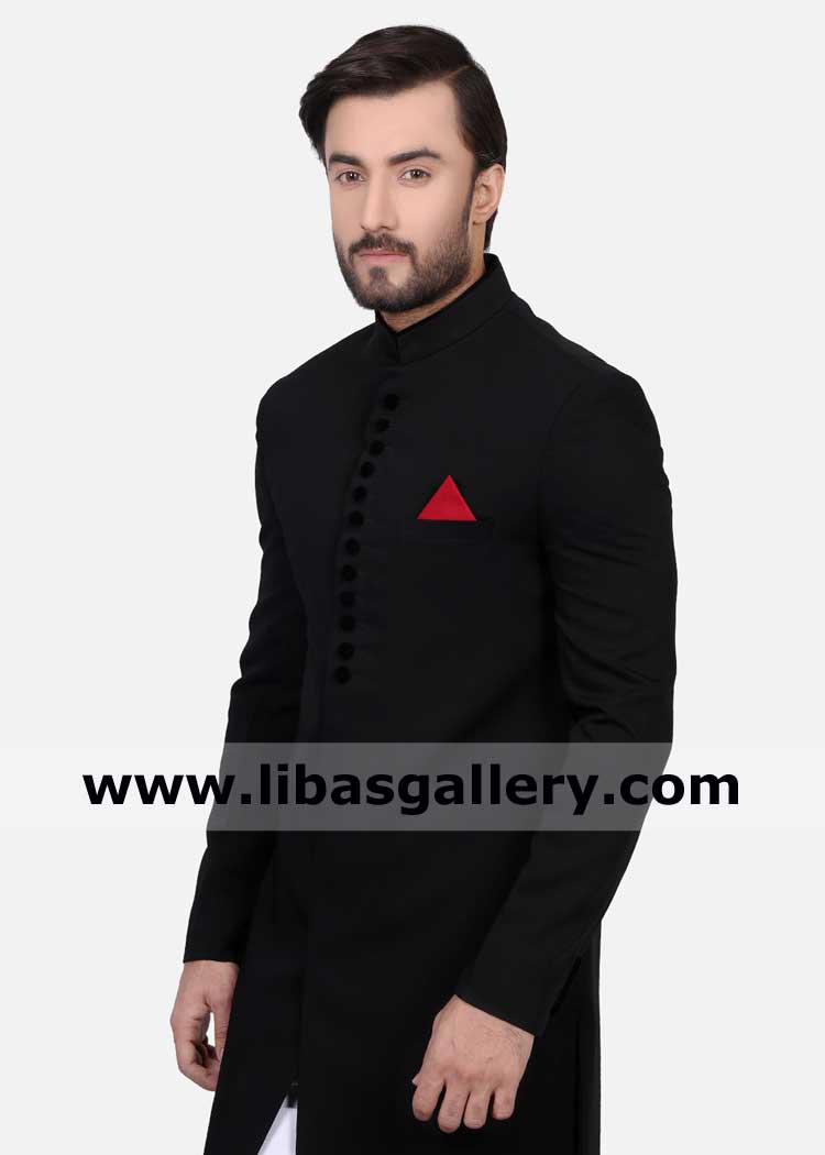 Jet Black man sherwani suit for outdoor party and wedding