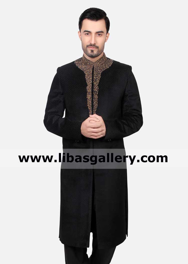 Black sober high quality fabric groom embroidered sherwani design in suiting fabric self embroidery on collar and neck qatar kuwait dubai