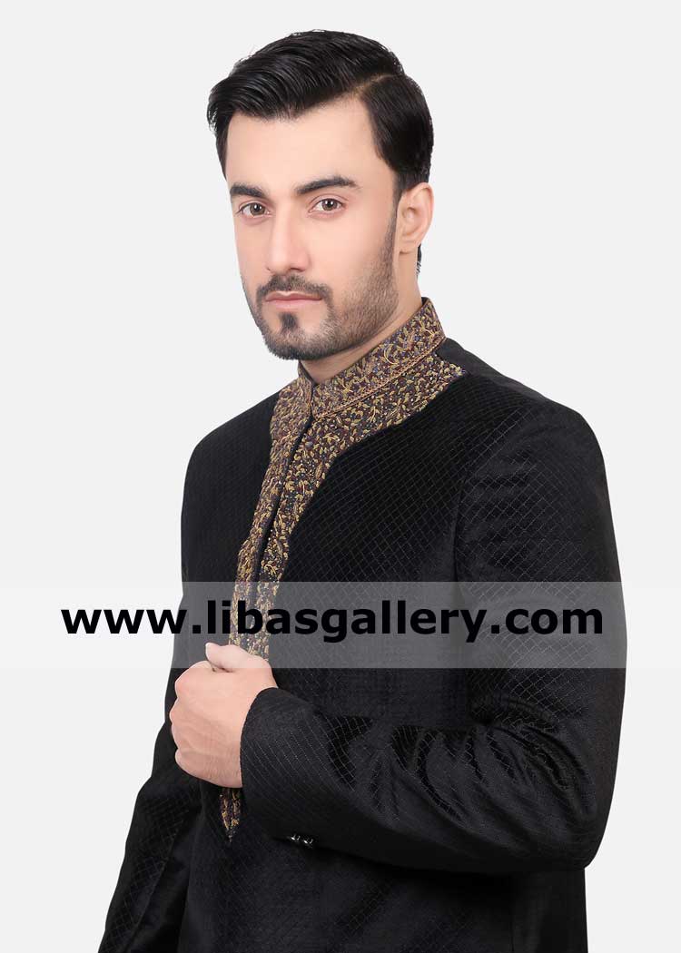 Black sober high quality fabric groom embroidered sherwani design