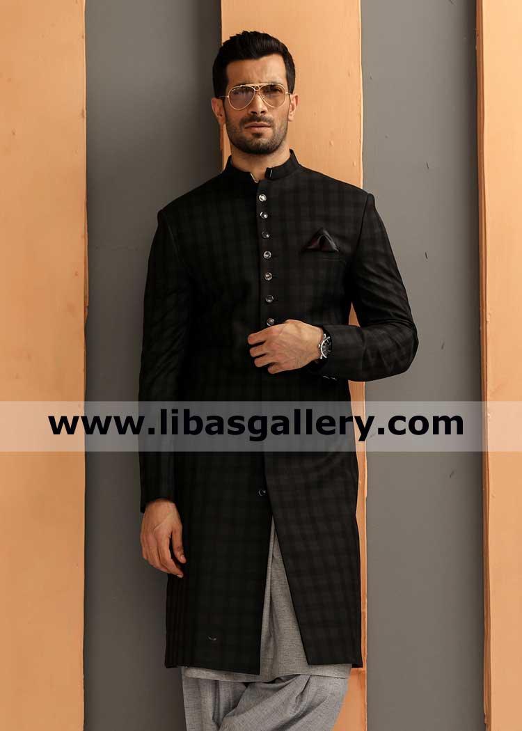 Dapper tall man in artistic traditional sherwani suit