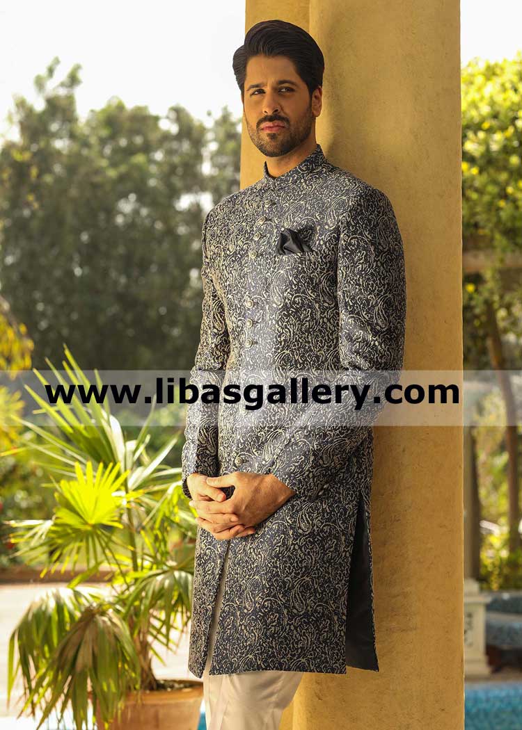 Charming groom looking for his bride in navy blue designer sherwani long length custom made with matching buttons and inner suit uk usa canada