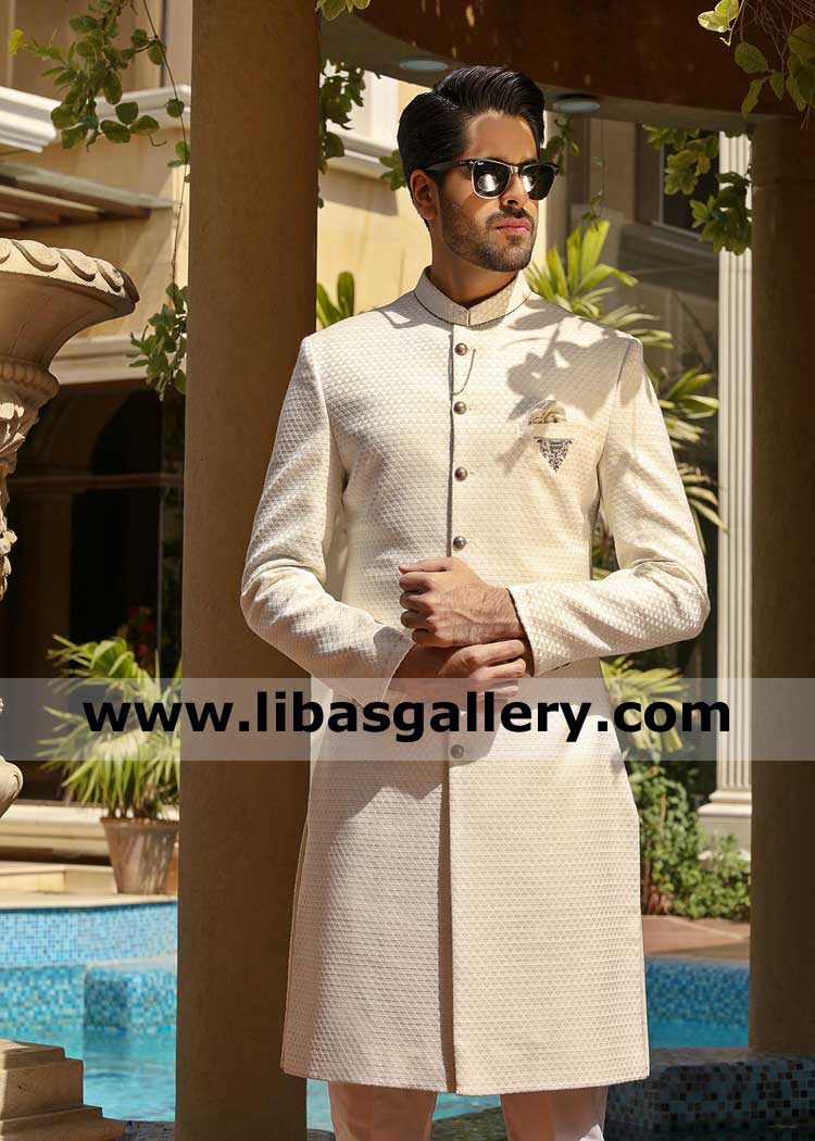 cream light shade gents occasion premium quality fabric custom made new sherwani dress buy online all sizes stitching possible fast delivery uk usa qatar