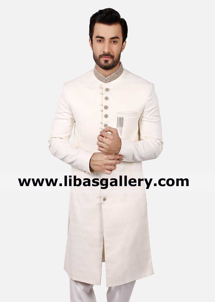 skinny middle age male showing Pakistani wedding embellished sherwani suit