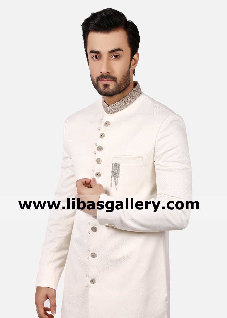 skinny middle age male showing Pakistani wedding embellished sherwani suit