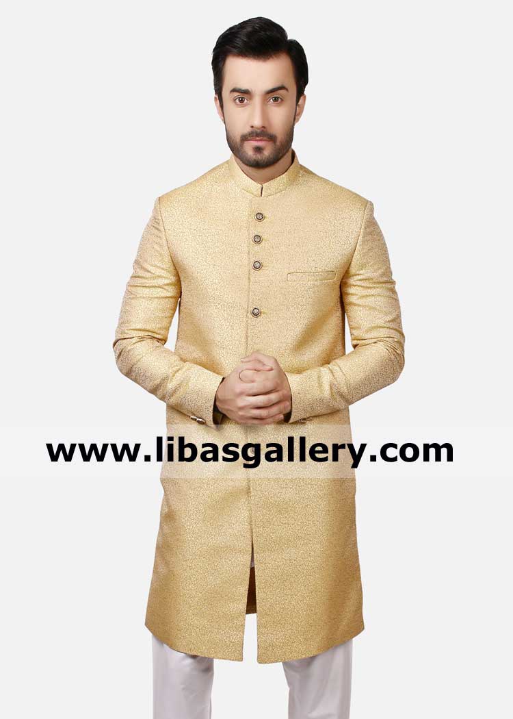 good look man wearing golden pakistani sherwani professional tailor finest quality stitching on body measurements asia europe and south africa