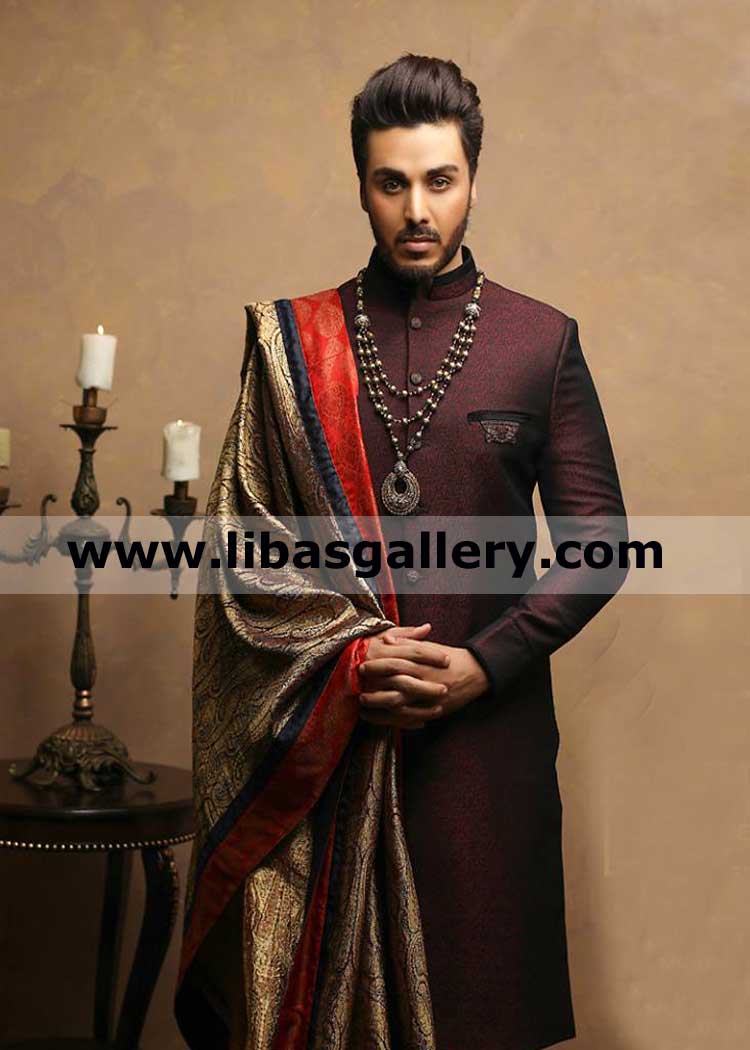 royal style burgundy jamawar groom wedding sherwani suit