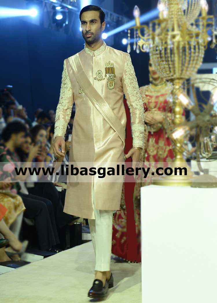 Royal belt style light shade embroidered wedding sherwani