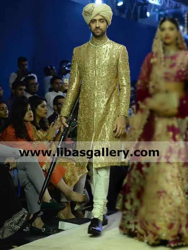 wedlock groom nikah barat sherwani gold embellished
