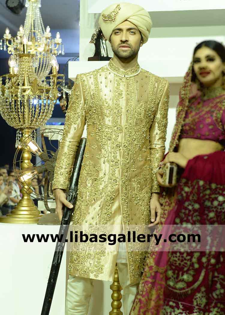 wedlock groom nikah barat sherwani gold embellished