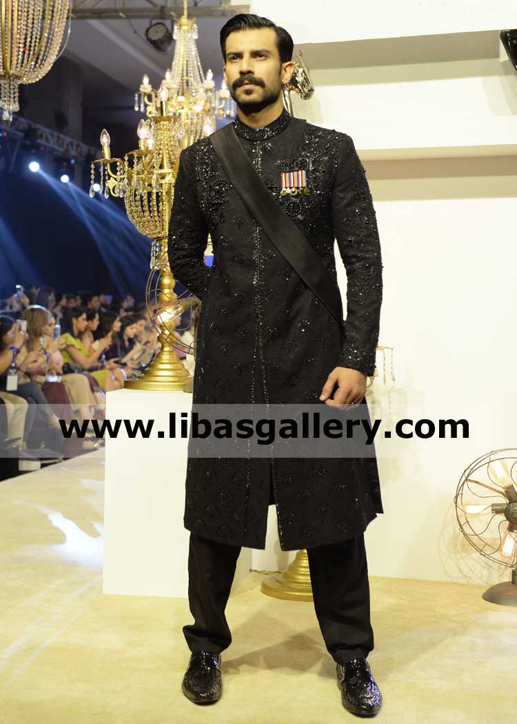 tiger heart groom in black embroidered nikah barat sherwani sequins and cut dana showered custom made sherwani design fast delivery uae kuwait qatar