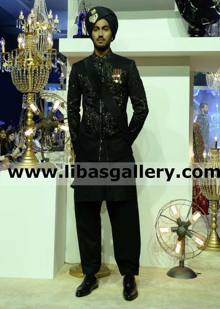 Rich Quality Embellished Groom nikah barat sherwani in raw silk work on collar sleeves and front fast delivery uk usa canada