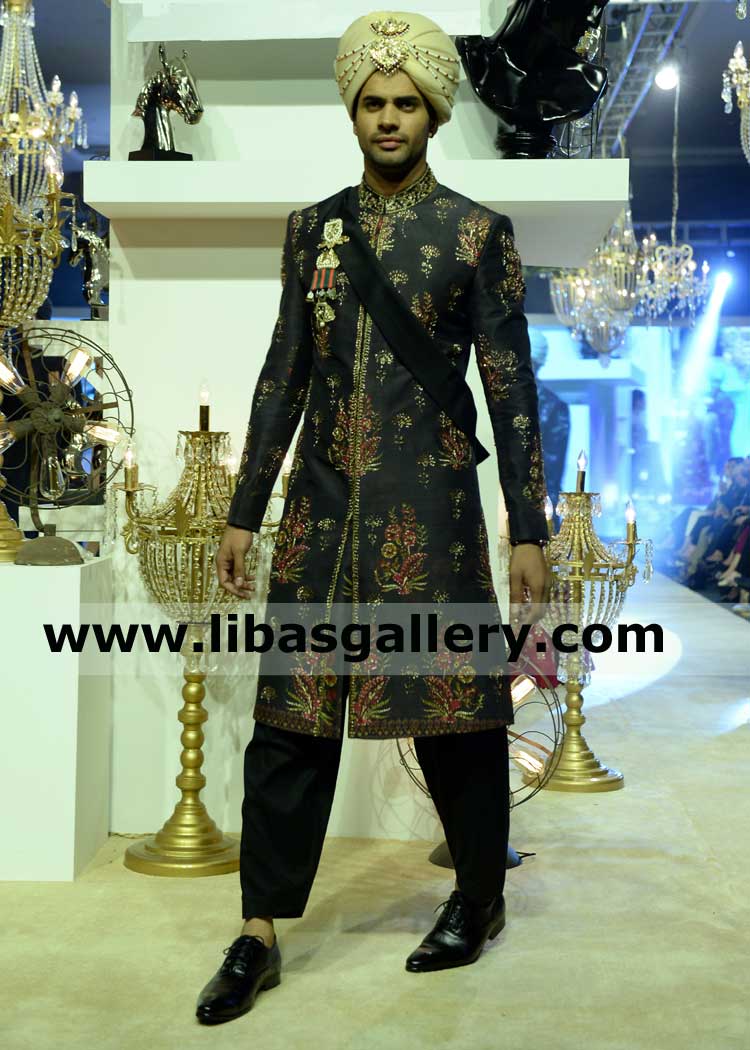 Designer bespoke black groom royal style wedding sherwani suit resham and beads work on raw silk fabric fast delivery worldwide dubai saudi arabia qatar