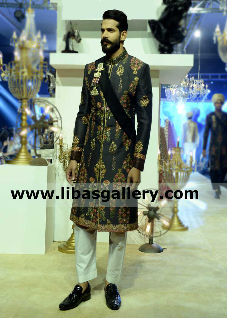 Classic black bespoke groom raw silk nikah wedding sherwani with off white inner kurta pajama hand embellished sherwani saudi arabia usa uk