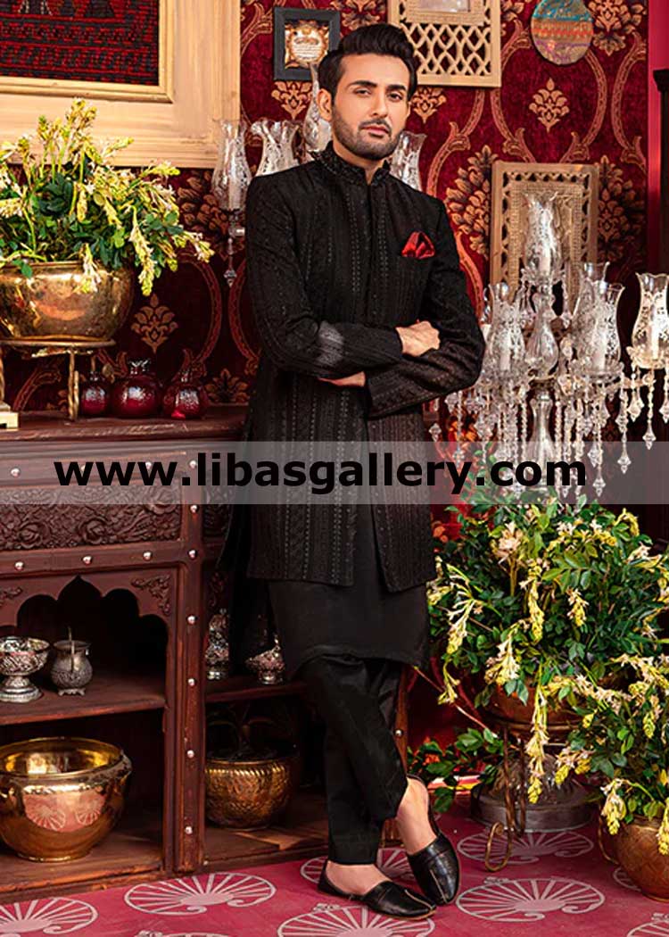 groom sherwani black embroidered in raw silk fabric heavy with hand embellished collar kora dabka beads pearl sequins work uk usa canada