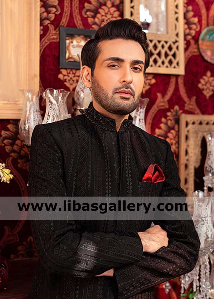 Black embroidered wedding sherwani custom made