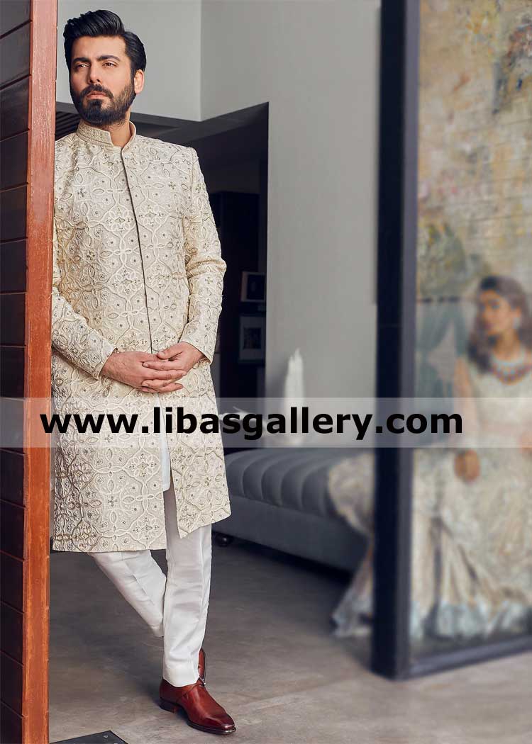 Beige embellished sherwani Islamic jaals pattern long length fawad khan wearing for nikah barat time groom london southhall birmingham UK