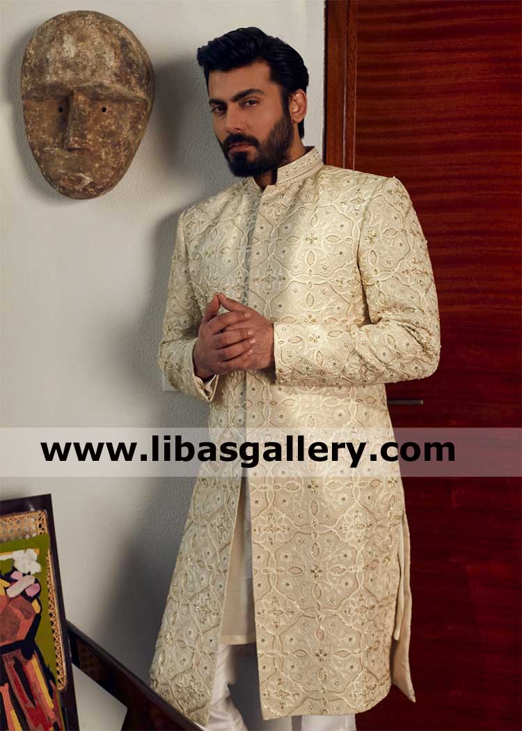 Beige embellished sherwani with patterns borrowed from Islamic jaals