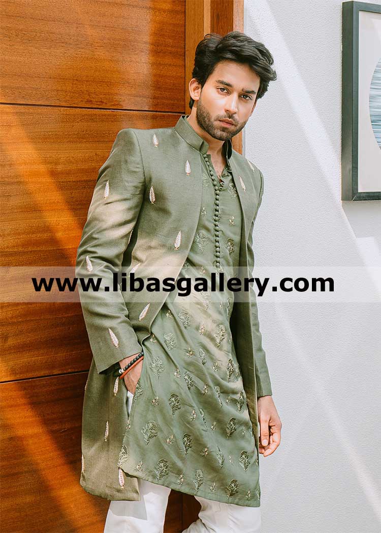 Olive green Raw silk wedding sherwani for groom dulha barat day