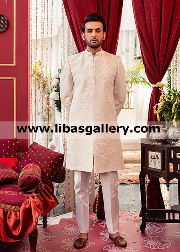 Atractive Embroidery on Ivory Karandi Sherwani for Groom nikah