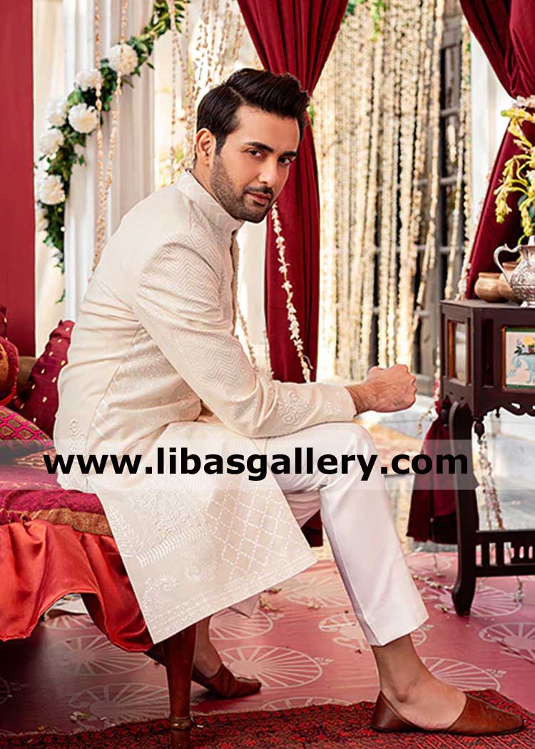 Atractive Embroidery on Ivory Karandi Sherwani for Groom nikah