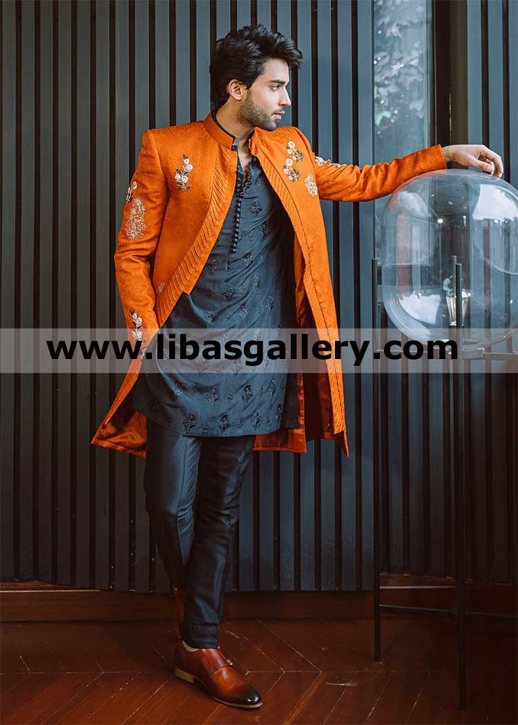 Orange Self Print Wedding Sherwani suit for passionate young Groom Nikah