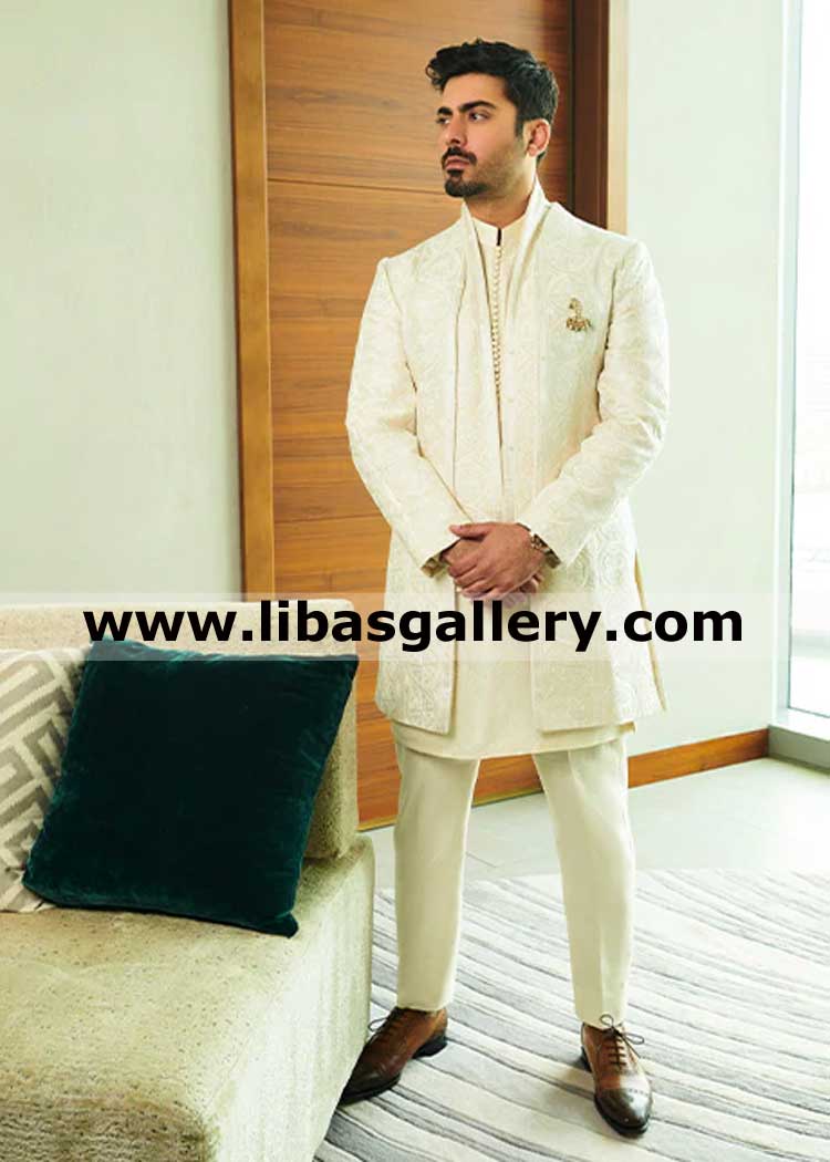 Luxury Embroidered Jacket Front open for Nikah and Occasions ivory color fawad khan wearing london toronto melbourne Dubai