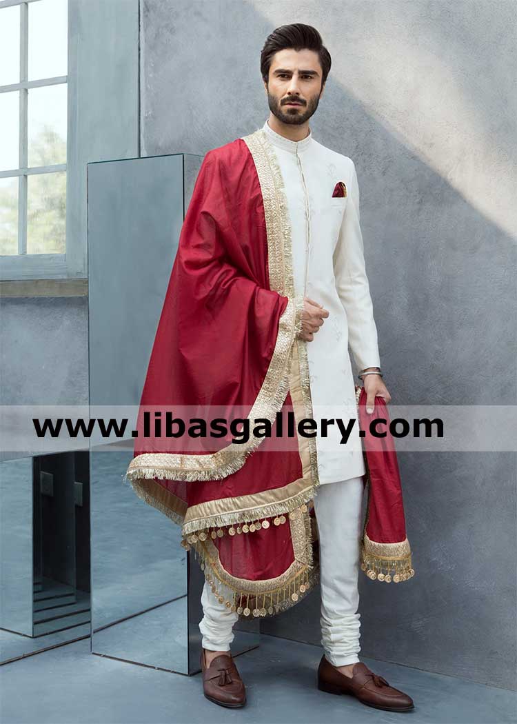 Classic Ivory Plain karandi groom wedding sherwani nikah barat caravan