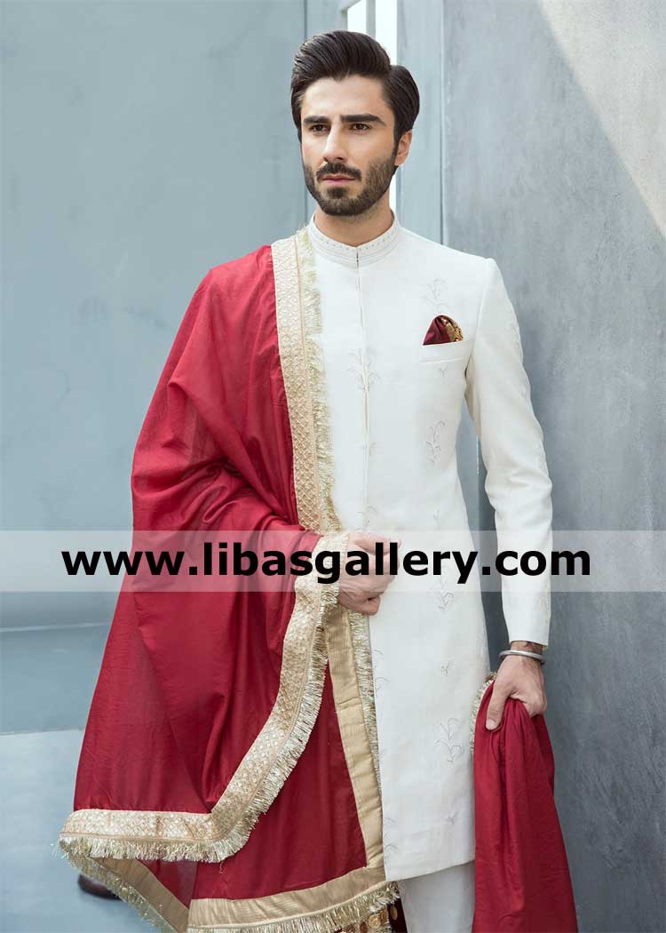 Classic Ivory Plain karandi groom wedding sherwani nikah barat caravan