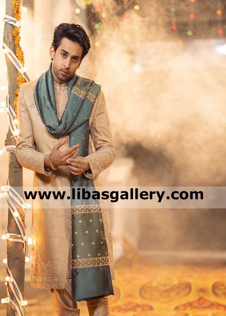 Golden Embellished Self Jamawar Groom Sherwani Suit Emir With Matching Kurta Pajama Custom Made 