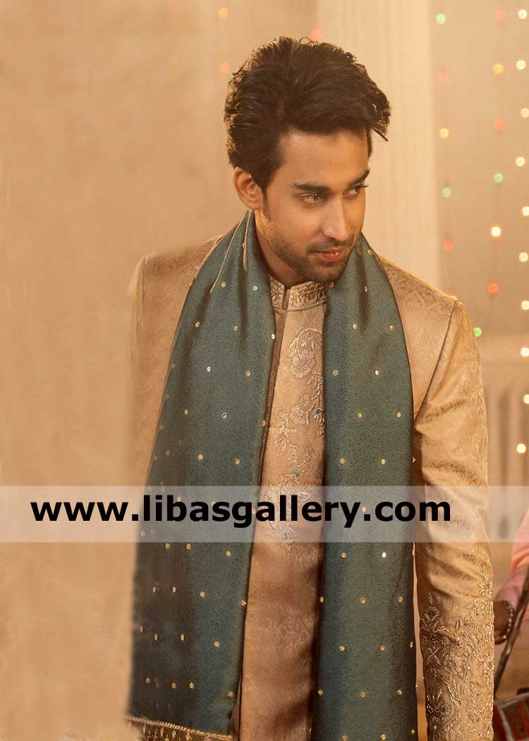 Golden Embellished Self Jamawar Groom Sherwani Suit Emir With Matching Kurta Pajama Custom Made 