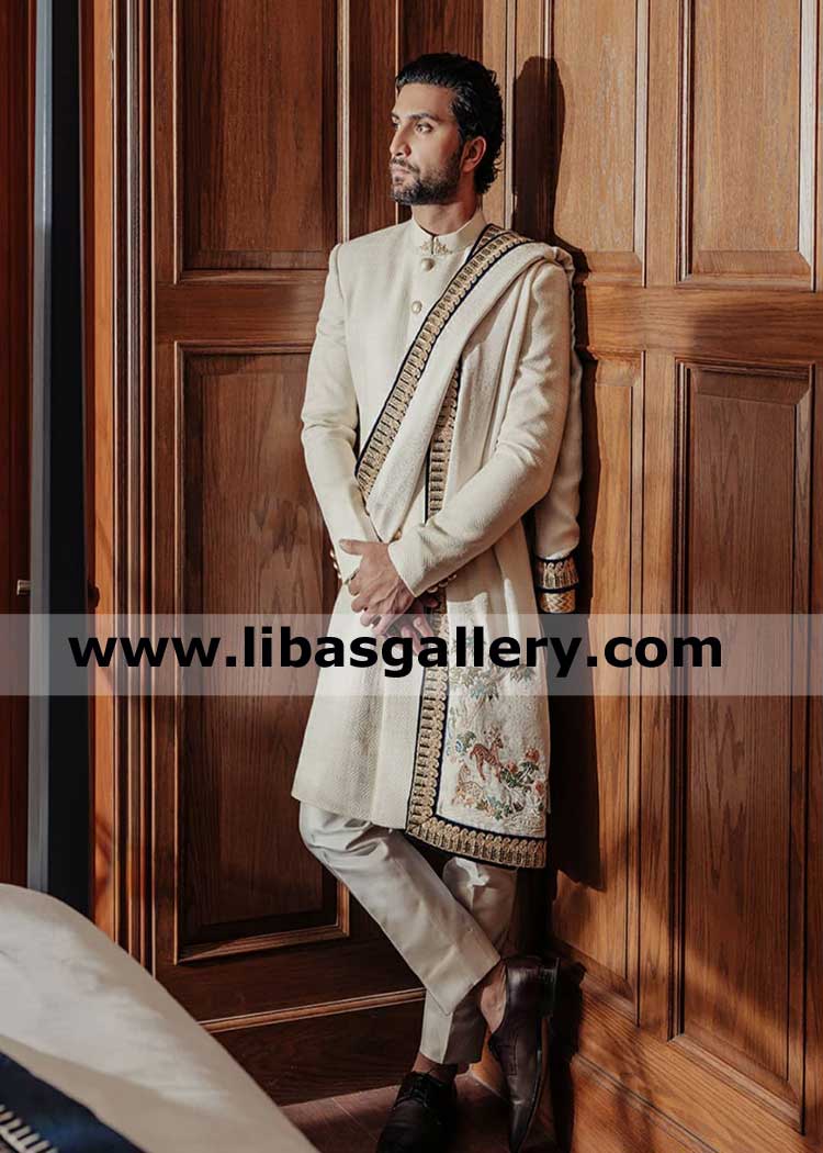 Delicate handcrafted collar corner motif ivory groom wedding sherwani design