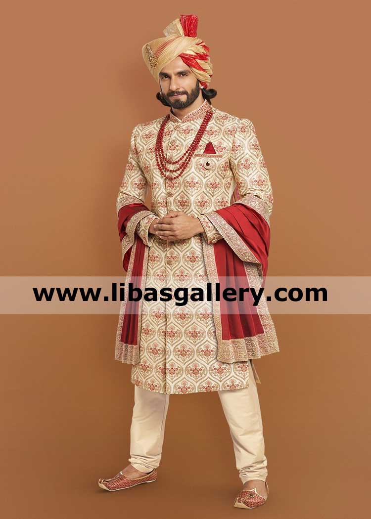 Embroidered biscuit color barat nikah sherwani groom choice