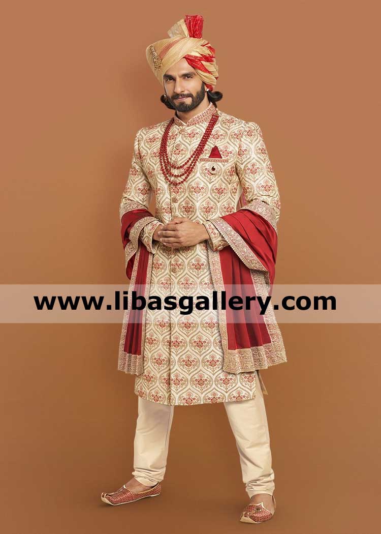 Embroidered wedding sherwani in biscuit color for groom dulha desi shadi in raw silk worldwide delivery bespoke achkan for dulha nosha kuwait qatar saudi arabia