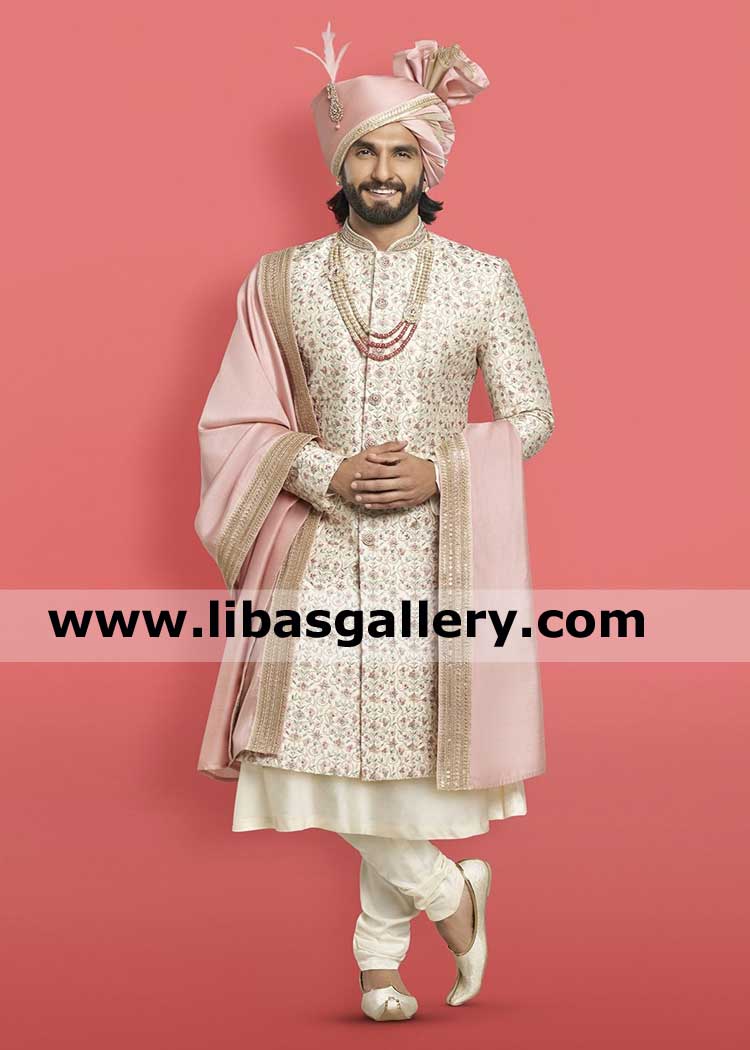 Plush Cream Groom Embroidered Wedding Sherwani suit nikah barat time in raw silk fabric and turban khussa on additional price uk usa canada