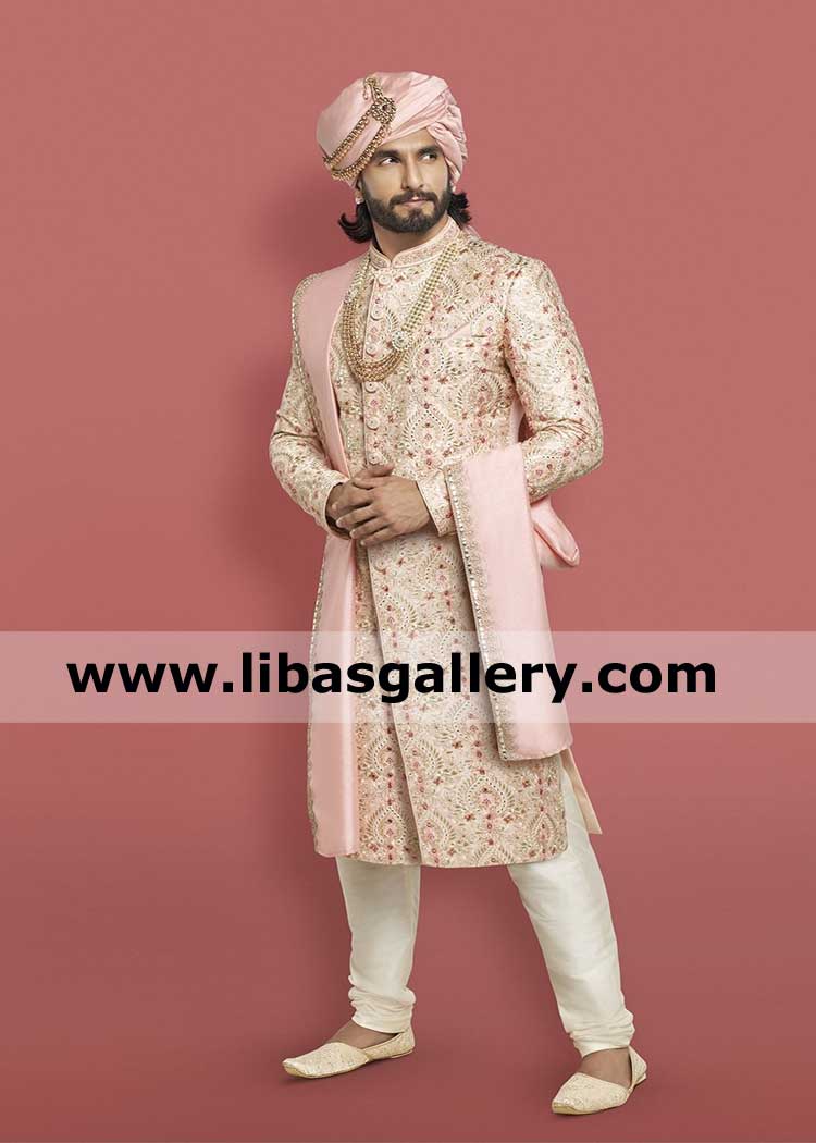 Regal Raja Groom Wedding Embroidered Sherwani design raw silk in pink shade 19th century high fashion inspiration nikah barat achkan uk usa canada uae australia