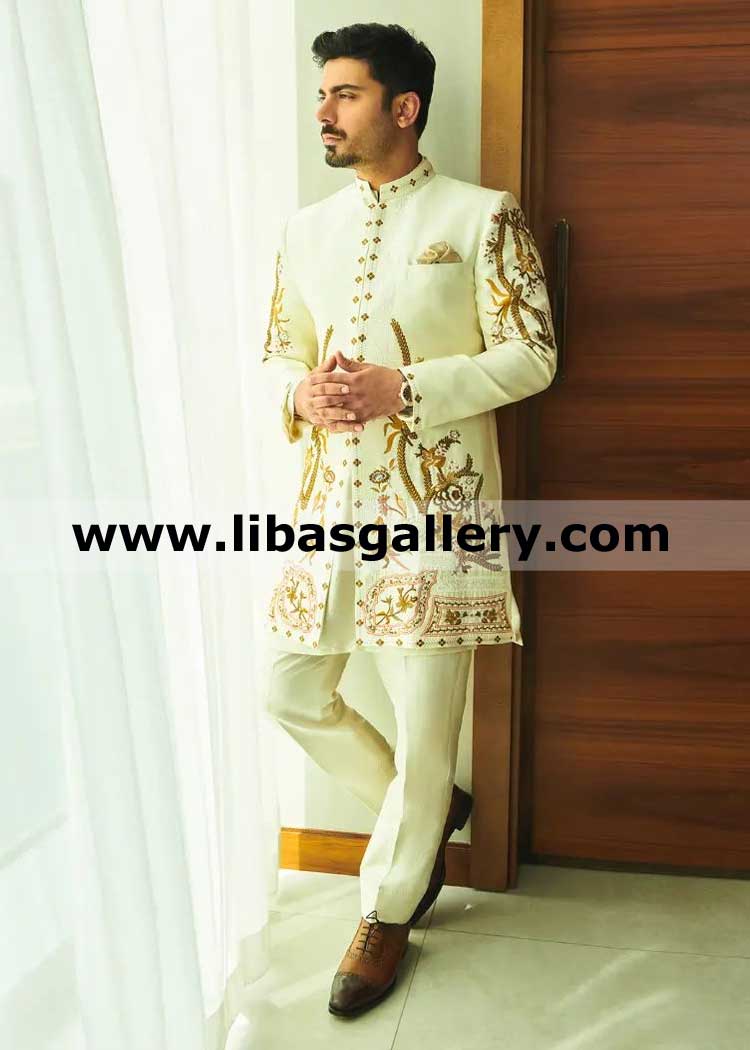 luxury Ivory Embroidered Wedding jacket for charming groom